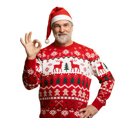 Happy charming positive mature man make okay sign recommend, wear knitted christmas sweater and...