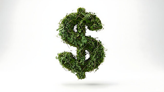 Green dollar sign symbol made of lush foliage, representing financial growth and eco-friendly investments. - Powered by Adobe