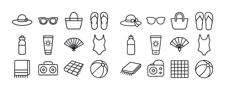 Summer beach icons: hat, sunglasses, bag, flip-flops, swimsuit,