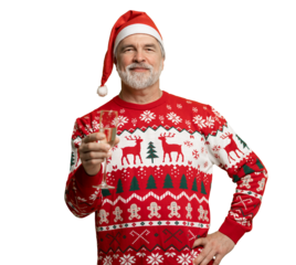 Merry mature man wear knitted christmas sweater Santa hat posing, hold glass with champagne look camera isolated on transparent background. Happy New Year 2026 Christmas celebration holiday concept