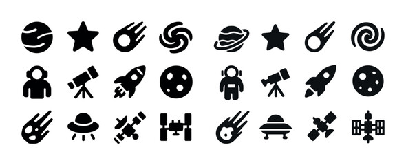 Space icons: rockets, planets, stars, astronauts, telescopes