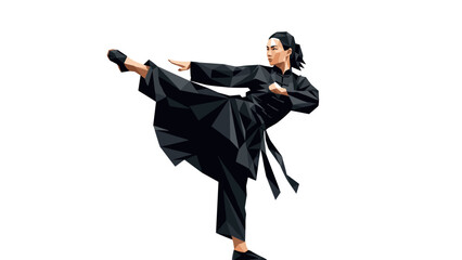Dynamic low poly karate kick featuring a martial artist in black uniform