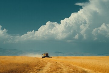 Naklejka premium Golden harvest: A lone combine works the field under a sky of gathering clouds, a testament to agriculture's enduring cycle.