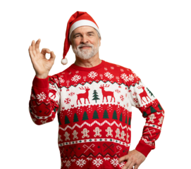 Happy charming positive mature man make okay sign recommend, wear knitted christmas sweater and santa hat isolated on transparent background
