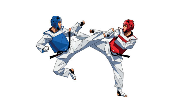 Dynamic geometric taekwondo fighters in mid-action kick with bold colors
