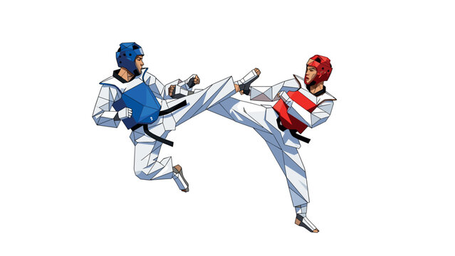 Dynamic geometric taekwondo fighters in mid-kick with protective gear