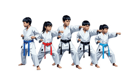 Karate practitioners in action pose with belts, diverse group in martial arts stance