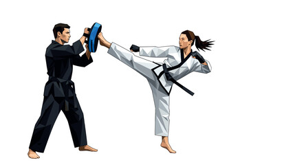 Obraz premium Martial arts training: male instructor and female student in dynamic pose