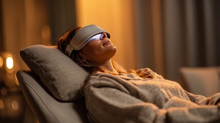 Tranquil Relaxation: A woman reclines in a state of deep relaxation, enveloped in a calming atmosphere, aided by a soothing eye mask, creating a scene of peacefulness and rejuvenation.