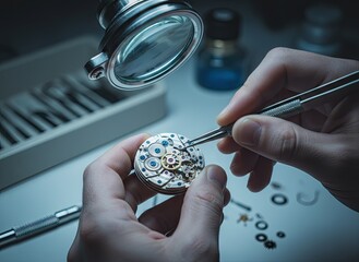 Close Up Macro Shot of Watchmaker Repairing Intricate Clockwork Mechanism with Magnifying Glass and Tweezers Precision Craftsmanship