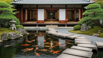 Tranquil Japanese garden with koi pond stone path and traditional architecture serene landscape for meditation and travel