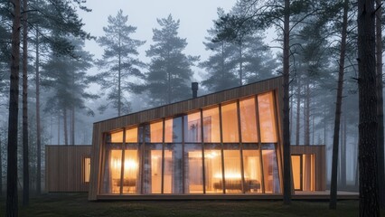 Modern wooden house with large glass windows nestled in a misty pine forest offering a cozy and architectural retreat