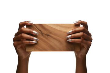 Woman hands holding wooden board shiny nails isolated on a transparent background