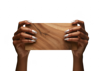 Woman hands holding wooden board shiny nails isolated on a transparent background