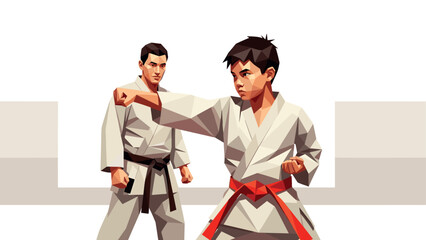 Obraz premium Dynamic martial arts scene with karate practitioners in low poly style