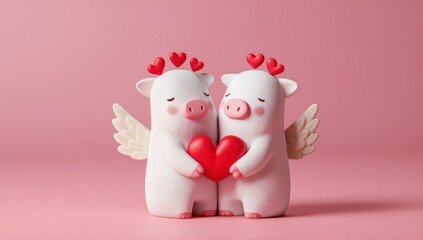 Two cherubic, white animal figures with wings hug a red heart against a pink backdrop