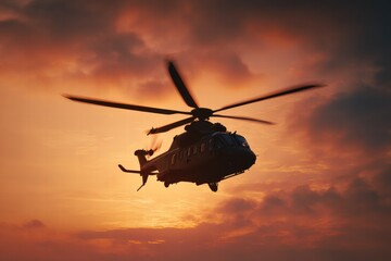 Majestic helicopter silhouetted against a vibrant sunset, rotor blades blurring through the golden light. A powerful image of flight.
