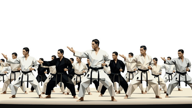 Geometric martial artists practicing karate in low poly style