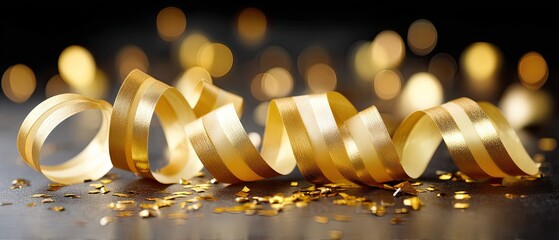 Burst of golden ribbons and confetti creates celebration mood for New Year's Eve in a dark setting with high detail and sharp focus
