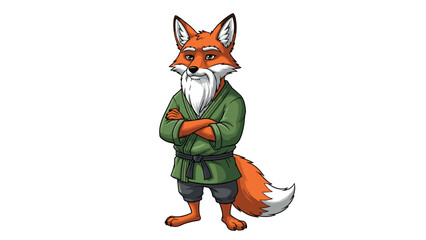 Wise elder fox character in green tunic and black belt on white background