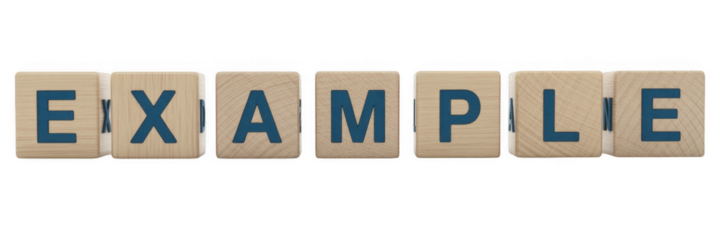 Wooden blocks spelling example isolated on a transparent background letters blue