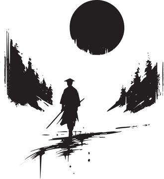 Ink wash landscape featuring a lone warrior navigating a sparse