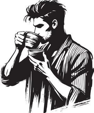 Monochrome illustration of a man savouring hot coffee from a cer