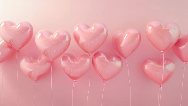 Bunch of pink heart-shaped balloons with white strings against a light background. Ideal for Valentine's Day celebrations.