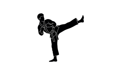 Martial arts silhouette of karate fighter in high kick pose on white background