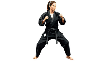 Polygonal female martial artist in black uniform ready to fight