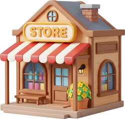 Charming 3D rendered cartoon store building with a striped awning, potted flowers, and a welcoming entrance.