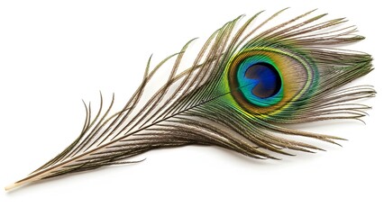 Fototapeta premium Beautiful peacock feather with eye pattern isolated on a white background