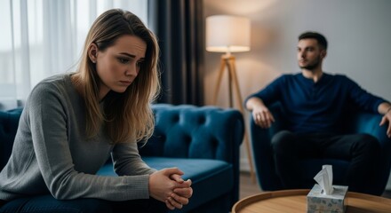 Young woman in casual wear looking distressed at a therapy session with a counselor, indoors. The scene presents a vulnerable woman in therapy, ideal for advertising mental health services.