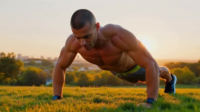 Strong shirtless man performing push-ups on grass during a beautiful outdoor sunset workout.