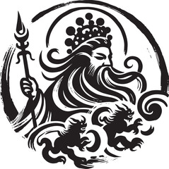 Elegant Sumi-e Style Depiction of a Chinese Deity with Mythical
