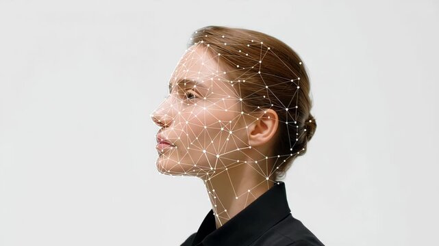 A woman's face is shown in a computer-generated image, with a network of lines connecting her feature. Clean ai emotion-detection sensor visualization, white background, ai driven mental health tools 