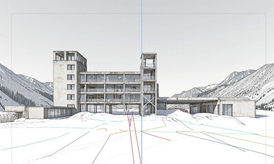 Obraz premium Derelict ski factory, press positions marked, shot from base area, overhead finishing visible, alpine sport architecture without mountains.