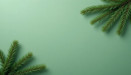 Christmas background. Green fir branches on a green backdrop. Christmas, winter holidays, New Year	
