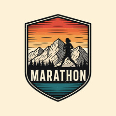 Dynamic outdoor adventure emblem with mountain landscape and marathon runner