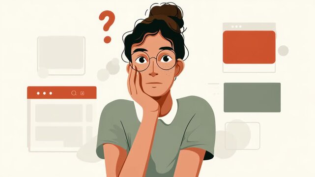 A woman is wearing glasses and she is thinking. Clean interface for ai reflective practice prompts soft calm layout modern balanced spacing minimal ui ai driven mental health tools