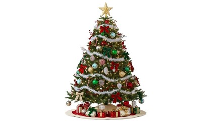 Fototapeta premium A fully decorated christmas tree with presents under a gold star topper