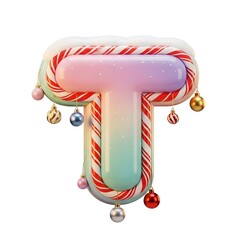 A festive 3d render of the letter t decorated with candy canes and christmas baubles