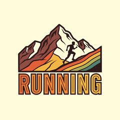 Adventure Mountain Running Illustration with Vibrant Rainbow and Dynamic Pose