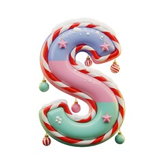 A festive 3d letter s decorated with candy canes and christmas ornaments