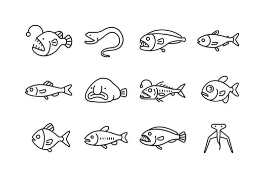 Deep Sea Icons. Aquatic creatures in extreme environments (deep