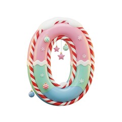 Festive 3d rendered number zero decorated with colorful candy cane stripes and winter ornaments