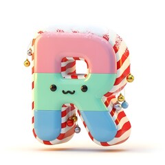 Adorable festive letter r with candy cane stripes, snow, and dangling ornaments