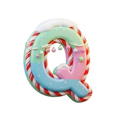 A 3d rendered festive letter q with candy cane stripes and christmas decorations