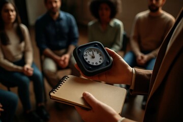 Facilitator holding small clock and notebook while diverse group sits in circle, symbolizing time management workshop or group coaching session.