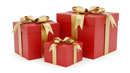 A collection of red gift boxes tied with shiny gold ribbons on a white background